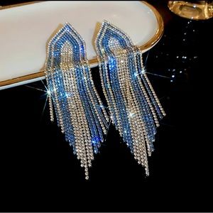 🌟 Luxury Big Long Blue Rhinestone Crystals Sparkle Earrings